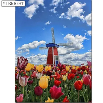 5D DIY diamond výšivky Tulipán veterný mlyn holandského krajiny diamond maľovanie Cross Stitch plné kolo Drahokamu mozaiky LK1