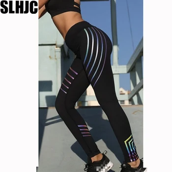 SLHJC Módne Ženy Laser Legíny Štíhly Vysoký Pás Cvičenie Legíny Fitness Prúžok Tlač Jeggings Elastické Nohavice XXL XXXL