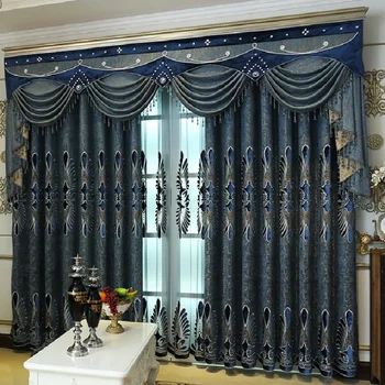 Európska luxusné modré závesy pre obývacia izba high-end ženilkové velvet vyšívané závesy pre spálňa jedáleň záclonka