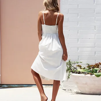 Elegantné tlačidlo ženy šaty Vrecku polka bodkami, biele bavlna midi šaty Letné bežné ženské plus veľkosť lady pláži E14