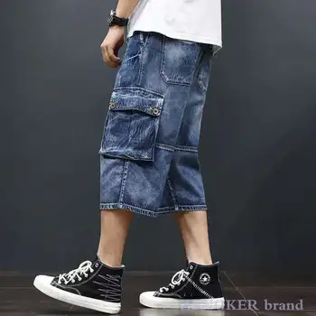 Letné teľa-lenth nohavice otvor denim šortky mužov plus veľkosti 4XL pánske šortky trend retro vrecku žobrák hip hop džínsy