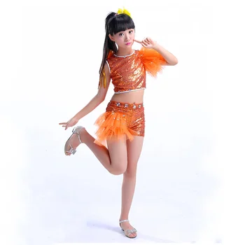 Silver orange Sequin Jazz Tanečné Kostýmy Pre Dievčatá Hip Hop Deti Moderné Tanečné predstavenie Tanečného Dievča Fáze Dancewear