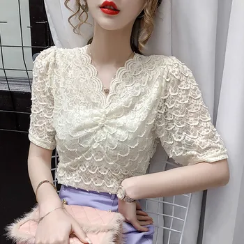 2021 Lete Duté Z Slim Čipky Topy Ženy Kórejský Módne Oblečenie Vintage Streetwear Krátky Rukáv, Blúzky, Busas 9376 50