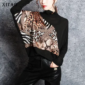 XITAO Leopard Ženy Tričko Fashion Nový Pulóver Patchwork Skladaný 2020 Zimné Elegantný, Ležérny Štýl Voľné Tee Top ZY2978