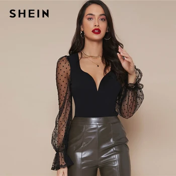 SHEIN Black Prehrabať Putá Úplnej Swiss Dot Oka Rukáv Top Ženy 2021 Jar Milú, Krku, Pevné, Elegantné Slim Fit Elegantné T-shirts