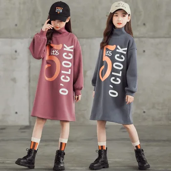 Midi Dlho Dospievajúce Dievčatá Fleece Zahustiť Rovné Šaty Zimné 2020 Nové Deti Turtleneck Ležérne Oblečenie Móda Tlačené, #9252
