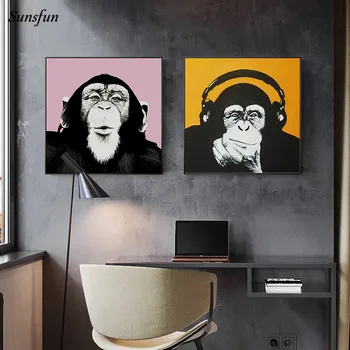 Orangutan Počúvanie Hudby so Slúchadlami, Plátno na Maľovanie na Stenu Art Decor Plagát Legrační Zviera Obrázok pre Deti Izba Domova