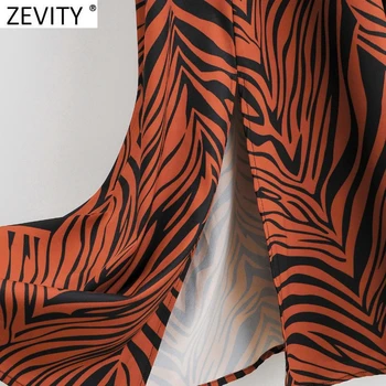 Zevity Nové Elegantné Ženy Zebra Pruhované Tlač Elastický Pás Midi Tričko Ženské Šaty s Dlhým Rukávom Bežné Slim Split Vestido DS4739