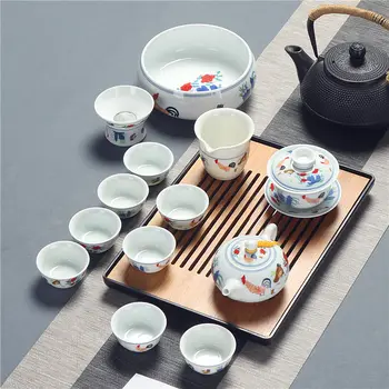 Kompletná sada Keramických Kung Fu čaj nastaviť modré a biele porcelánové kuracie valec pohár bieleho porcelánu kryt misy kanvicu čaju poháre