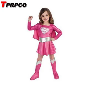 TPRPCO deti pink super človek kostým dievča šaty halloween cosplay party super hrdina kostým s cape topánky pás NL948
