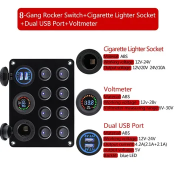 12V 8 Gang Istič Prepínač Panel S dvomi USB Farebné Voltmeter Cigaretový Zapaľovač vhodné Pre Auto, Loď Truck Marine