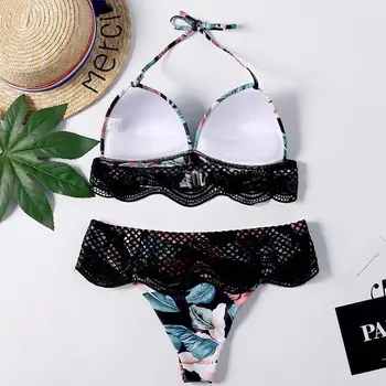 Nové Puch Up Plavky Ženy Čipky Bikini Set Vysoký pás Brazílske Bikini Vintage Vytlačené Bikiny XXL Žena maillot de bain femme