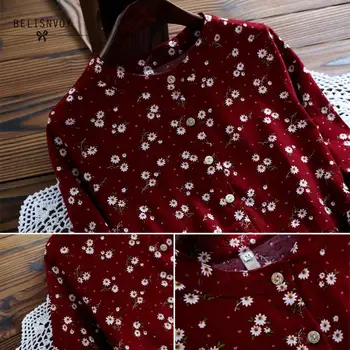 2019 Nové Jesenné A Zimné Šaty Červená Modrá Farba Kvetinový Tlač Dlhý Rukáv Šaty O Krk Menčestrové Šaty Preppy