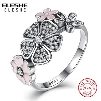 ELESHE 925 Sterling Silver Krúžky Pripraviť Ružová Smalt Crystal Daisy Čerešňový Kvet Kvet Prst Prsteň Pre Ženy, Jemné Šperky