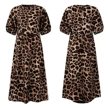 Ženy Polovici Teľa Šaty Vintage Lístkového Rukáv Leopard Tlačené Šaty 2021 VONDA Letnú Dovolenku Sundress Bežné Vestidos Plus Veľkosť