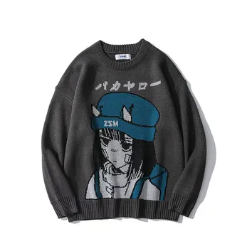 UNCLEDONJM Japonskom Štýle Anime Dievča Pletený Sveter Pánske Hip Hop Streetwear Harajuku Sveter Vintage Retro Pulóver ZSM-1310