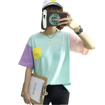 Ženy Topy t shirt Lete Harajuku kórejský Štýl Patchwork Kontrast Farebný Pastel, T košele Kpop Tee Tričko Priateľmi Streetwear