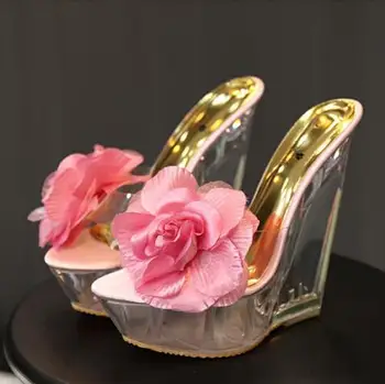 Crystal žena kliny päty papuče ženy nepremokavé platformu sandále sexy kvety vysoké podpätky pohode papuče 669