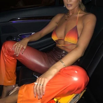 Orange Gradient Faux PU Kožené Nohavice 2020 Oblečenie, Streetwear Ženy Rovné Nohavice Bodycon Vysoký Pás Úzkych Nohavíc Vintage