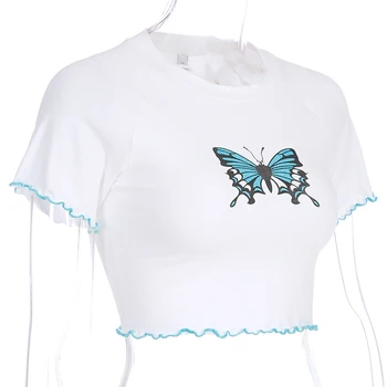 Sweetown Biela Základné Leto, Jeseň Tričko Ženy Roztomilý Motýľ Karikatúra Grafiku Tričká Dlhý Rukáv Pletené Bavlny Top Tees