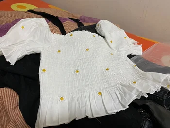 2021 Japanes Štýl Ženy biele elastické krátke biele blúzky, košele ženy lístkového rukáv volánikmi slim femininas topy camisas mujer