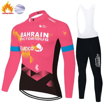 2021 tím BAHRAJN cyklistika dres Zimné Thermal Fleece ropa ciclismo hombre dlhý Rukáv Cyklistika Cyklistické Nohavice Sady