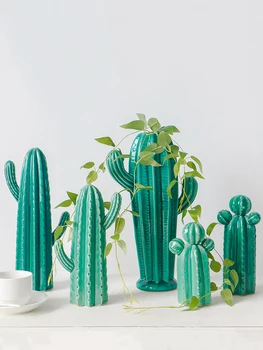 Nordic kreatívne domáce dekorácie, doplnky obývacia izba víno kabinet simulácia keramické falošné kaktus zelené rastlinné ornamenty