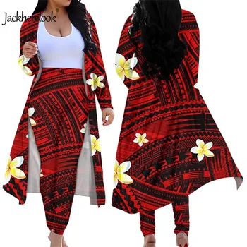 Jackherelook 2 Dielna Sada Ženy Cardigan Červená Polynézske Tetovanie Ibištek Plumeria Dizajn Značky Chudá Dlhé Nohavice Dva Obleky, Oblečenie