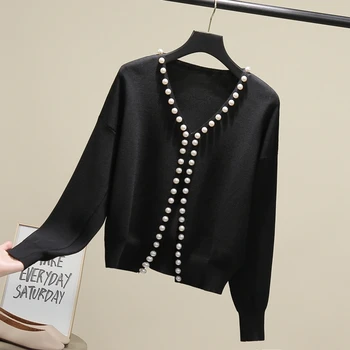 2020 jeseň elegantného tvaru perly lištovanie cardigan ženy pletený sveter s dlhým rukávom, krátke topy