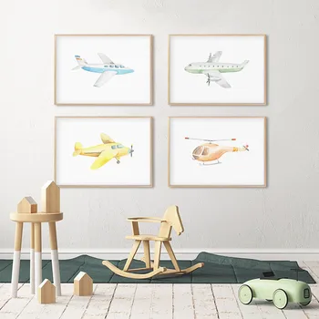Karikatúra, Lietadlo, Vrtuľník Plagát Škôlky Wall Art Maliarske Plátno Tlačiť Obrázky pre chlapčeka Miestnosti, Dekoratívne
