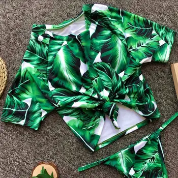 Bikinx Športové Plavky Ženy, Krátky Rukáv, plavky Sexi Zelený Top High Cut Remeň Spodnej Bikini 2020 kúpajúcich Push up plavky