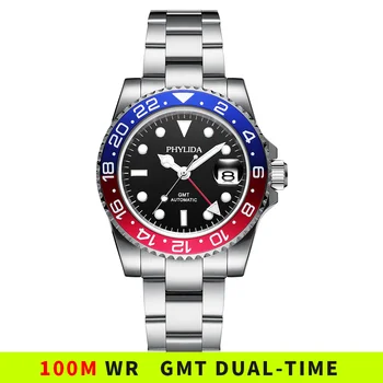 100M vodotesnosť GMT Duálny Čas Black Dial Automatické pánske Hodinky Zafírové Sklo Luxusné Mechanické Náramkové hodinky