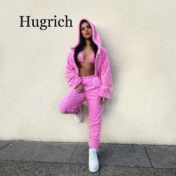 Fuzzy Ružovú Sexy 3 Peice Nastaviť Ženy Oblečenie 2020 Streetwear Rave Festival Klubu Nosiť Trendy Oblečenie Zodpovedajúce Sady