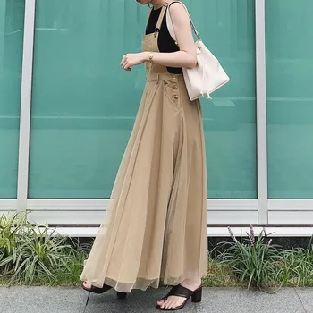 Khaki Podväzky Oka Bez Rukávov Vysoký Pás Ženy Šaty Japonsko 2020 Lete Dámy Maxi Šaty Kórea Rozšírenie Femme Vestiods