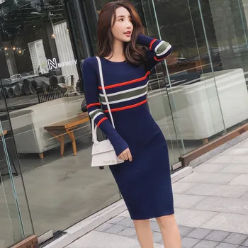 Jeseň Prúžok Sveter Šaty pre Ženy Elegantný Dlhý Rukáv Midi kórejský Bodycon Šaty Strany Slim O-Krku Patchwork Vestidos 2020