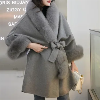 2020 zimné nový kórejský obojstranné alpaky kabát, šitie fox kožušiny plášť obojstranné tweed strednej dĺžky belted kabát ženy