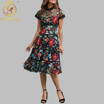 SMTHMA 2020 kvalitné luxusné dráhy Šaty Ženy krátke rukávy letné oblečenie pre ženy šaty Oka výšivky vestidos