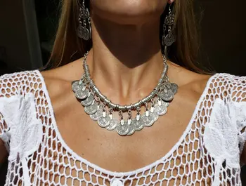 Boho Etnických farba Kovu Cigán Náhrdelník Coachella Pláži Choker Bib Mince Vyhlásenie Náhrdelník Pre Ženy, turecké Festival Šperky