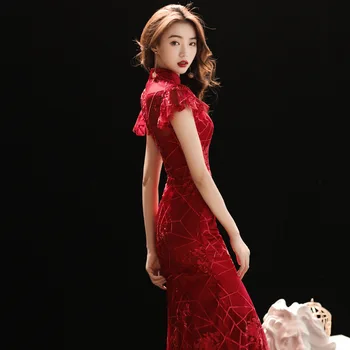 Burgundsko Svadobné Qipao Dlho Cheongsam Moderné Čínske Tradičné Šaty, Sexy Cheongsam Šaty Župan Chinoise Vestido Orientálna Ples
