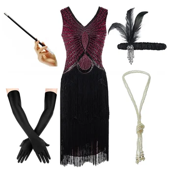 Ženské Plus Veľkosť Gatsby Sequin Art Deco Black Krídlovky Šaty 1920 V Krku Korálkové Lemovaný Veľký Gatsby Šaty