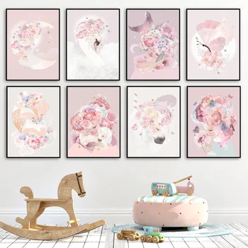 Wall Art Plátno Na Maľovanie Ružový Kvet Dievča Mesiac Flamingo Fox Nordic Plagáty A Vytlačí Na Stenu Obrázky Baby Detská Izba Decor
