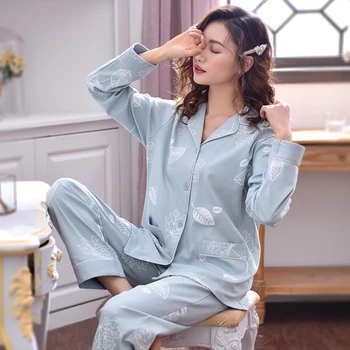 Jeseň Bavlnené Pyžamá pre Ženy 2020 Zimné Pijamas 2KS Salónik Sleepwear pre Dámy PJ 100 Bavlnené Pyžamo Modrá Nosenie vo Voľnom čase