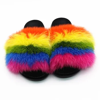 Unisex Fox Vlasy, Papuče 2019 Lete Chlpaté Rainbow Multicolor Papuče Módne Reálne Fox Kožušiny Luxusné Listov Veľké Veľkosť 36 45