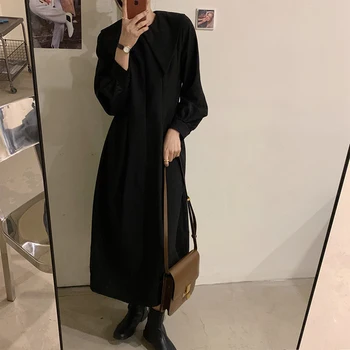 Cudzie Kitty 2020 Ženy Šaty Pevné Voľné Vysoký Pás Dlhé Svietidla Rukáv Jemné Francúzske Elegantné Jeseň Ženské Módne Oblečenie