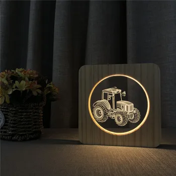Traktor Auto 3D LED Lampa Arylic Drevený Nočný Stolík Light Switch Kontroly Rezbárstvo Lampy, detské Izby, Dekorácie Poľnohospodár Darček
