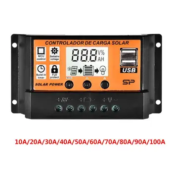 MPPT 10A/20A/30A/40A/50A/60A/70A/80A/90A/100A Auto LCD Displej Solárny Regulátor Nabíjania Dual USB Solárny Panel Regulátora