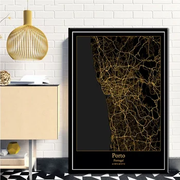 Porto Portugalsko Black&Gold Mesto Svetlo Vlastné Mapy Sveta Mapa Mesta Plagáty Plátno, Vytlačí Nordic Štýl Wall Art Domova