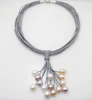 01-12 mm Skutočné Biele, Ružové a Fialové Sladkovodné Perly Prívesok Náhrdelník Kožené Kábel Magnet Spona Módne Šperky