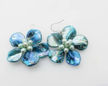 Jeden pár sladkovodné perly a shell flower modrá/zelená náušnice 40-50mm veľkoobchod korálky prírody FPPJ