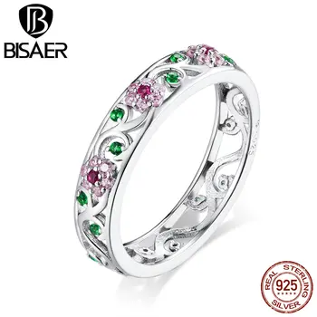 BISAER Ružový Kvet Krúžky 925 Sterling Silver Vyhlásenie Farebné CZ Prst Prstene Pre Ženy, Luxusné Šperky 2020 EFR132